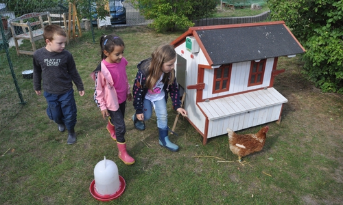 Die Löwenzahn-Kinder Max, Mila und Melisa freuten sich über den Besuch der Hühnerbande. 