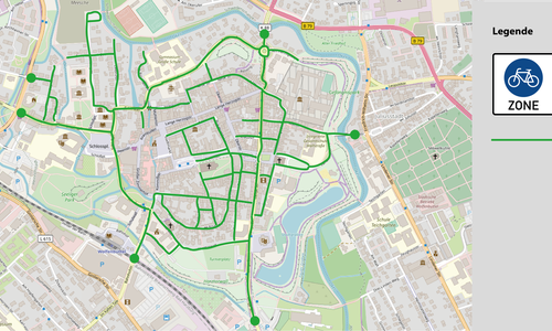 Die grün markierten Bereiche sollten laut Antrag der Grünen Fahrradzone werden.