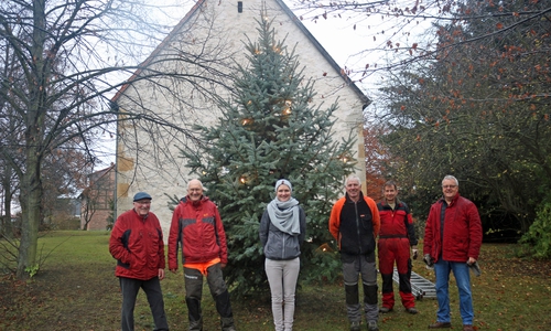 Jürgen Schunk (Beleuchter), Hermann Ebeling (Ortsrat), Kerstin Hoyer (Ortsbürgermeisterin), Claus Herrmann (Ortsrat), Henning Barnstorf (stellvertretender Ortsbürgermeister) und Egbert Schiek (Spender des Baumes) (v. li.). 