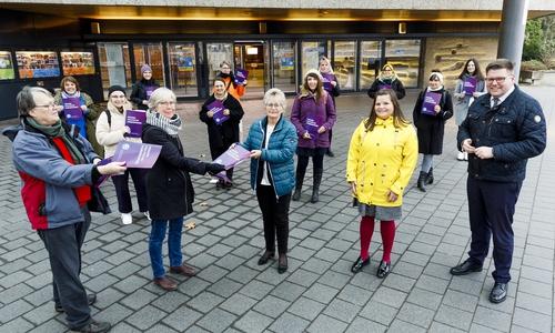 Auf dem Foto abgebildet im Vordergrund v.l.n.r.:  Karin Östen (frauenBUNT e.V.); Brigitte Riedel (Amnesty International), Annegret Ihbe (SPD), Lisa-Marie Jalyschko (Bündnis 90/ Die Grünen), Thorsten Köster (CDU)  Auf dem Foto im Hintergrund v.l.n.r.: Andrea Hotopp (DGB), Elisabeth Assmann (Bündnis 90/Die Grünen), Laura Rasche (DGB Jugend), Ulrike Adam (Gleichstellungsreferat der Stadt Braunschweig), Sabine Wittekopf (KirchenFrauenKonvent), Leonore Köhler (Bündnis90/ Die Grünen), Kathrin Boos (Frauenberatungsstelle) Katharina Schade-Adeyemi (Frauenberatungsstelle), Stefanie Albrecht (Frauenberatungsstelle), Yasemin Wolgast (StoP-Stadtteile ohne Partnergewalt).