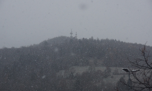 Schneegestöber am Steinberg in Goslar hinterließ am Wochenende immerhin auf den Berggipfeln kurzzeitig weiße Mützen. 