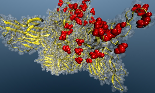 Strukturmodel des Spike-Proteins von SARS-CoV-2. Die Stellen, an denen die Struktur von Omikron Veränderungen zeigt, sind rot markiert. 