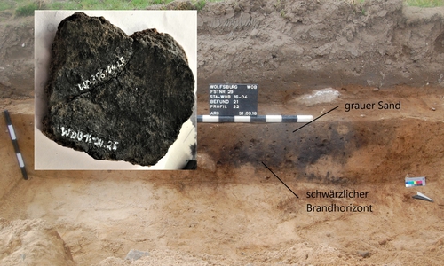 Die Ausgrabungsstätte in den Steimker Gärten und die über 2.000 Jahre alte Keramikscherbe.