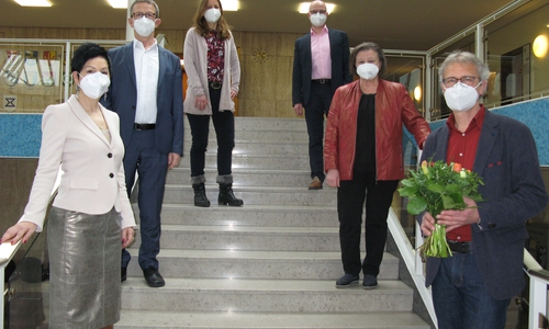 Amtseinführung von Dr. Volker Heimeshoff (vorne rechts) mit Oberbürgermeister Klaus Mohrs (zweiter von links), und Immacolata Glosemeyer (links). 