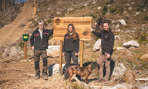 Ralf Krüger (Forstamtsleiter des Forstamtes Clausthal, l.)), Försterin Natalie Ahrenhold und Markus Besse (Leiter Marketing der Volksbank BraWo), bei der Pflanzung im United Kids Foundations Wald. 