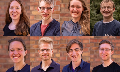 Die Spitzenkandidierenden von Volt: obere Reihe von links: Jasmin Breitenstein, Thomas Behrens, Merve Saudhof, Connor Geiger; untere Reihe von links: Susan Bühling, Kai Tegethoff, John Finder, Martin Piepgras