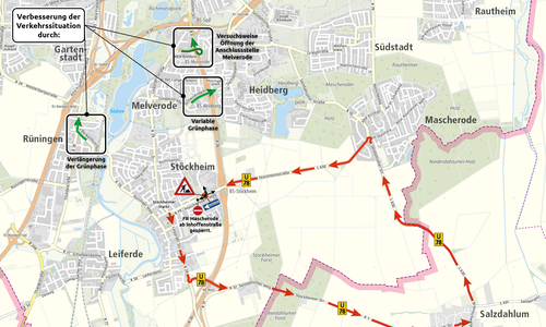 Karte der Verkehrslenkung zum Bau des Kreisverkehrs Mascheroder Weg / Senefelderstraße - erste Bauphase.