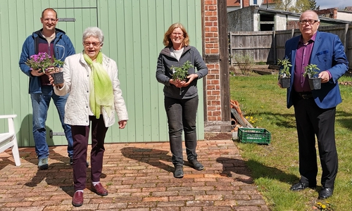 Laden gemeinsam zum "Tomatentag" in das Freigelände des Gärtnermuseums ein (v. l.): Henning Kramer, Elisabeth Schwieger, Beate Pieper und Andreas Meißler.