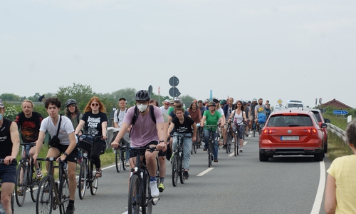 Demonstrierende Radfahrer kurz vor Erreichen des Zwischenziels Scheppau. 