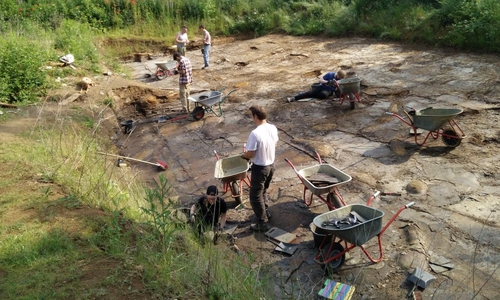 In Handarbeit werden die Schieferplatten im Geopunkt Jurameer nach Fossilien abgesucht.