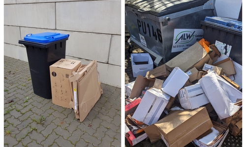 Bild links: Gut gebündelt und handlich verpackt stehen Kartons und Altpapier neben der Altpapiertonne – die Müllwerker haben es hier leicht. Bild rechts: Kartons und Pappen liegen kreuz und quer – die Müllwerker haben es hier richtig schwer und die Touren werden verzögert. Daher können aufgrund des hohen Aufwands solche Altpapierhaufen nicht mehr abgeholt werden.