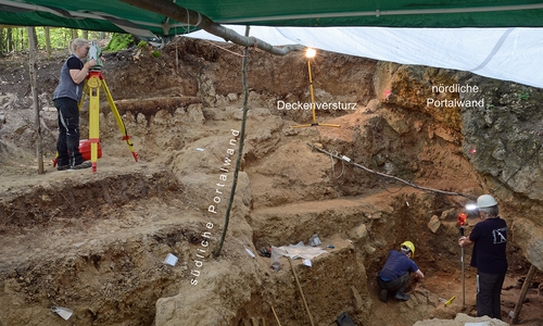 Die Ausgrabungen im verstürzten Eingangsbereich der Höhle im Jahr 2019. Gut erkennbar sind die teilerodierte Südwand und die gut erhaltene Nordwand, während das Höhlendach verstürzt ist. Der verzierte Knochen fand sich in Erdschichten unter der Nordwand. 