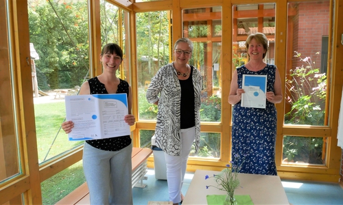Iris Bothe mit zwei Mitarbeiterinnen der Johannes Kindertagesstätte, die die WoBkiS-4-Dokumentationsbögen präsentieren.  