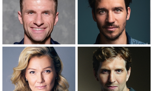 Thomas Müller (Foto: Ruppografie), Felix Neureuther (Foto: FRANKBAUER), Franziska van Almsick (Foto: Fabian Hensel) und Dirk Nowitzki engagieren sich für den step4help.