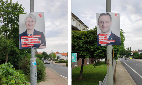 Christiana Steinbrügge will Landrätin bleiben und Dennis Berger will Bürgermeister werden. Ihre Plakate wurden ohne Genehmigung zu früh aufgehängt.