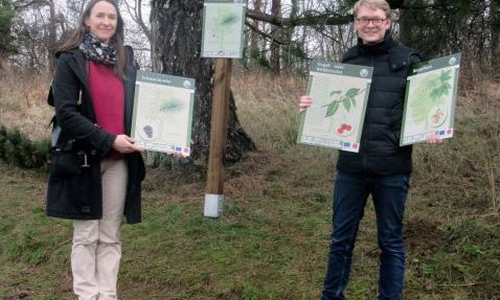 Luise Dorff vom Regionalverband Harz übergibt die neuen Tafeln an Pascal Bothe vom Freundes- und Förderkreis der Sudmerberger Warte.