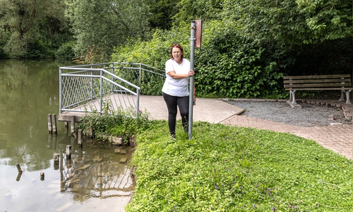 Rechts das entfernte Pflaster, links die Steine im Mühlenteich, in der Mitte die stellvertretende Ortsbürgermeisterin Inge Pelzer. 