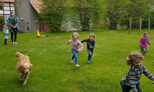 Die Eilumer Kinder sind mit Freude hochkonzentriert bei der Sache – Therapiebegleithündin Juna unterstützt und Ergotherapeutin Lena Bartelborth sorgt für neue Spielvarianten.