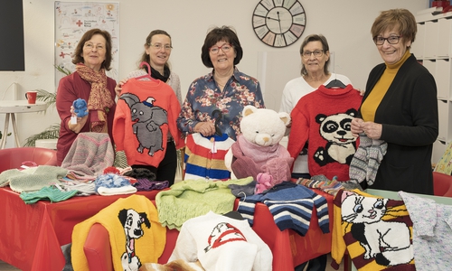 Bettina Bruns-Müller (von links), Susanne Streiter, Juliane Liersch, Marion Mennecke und Karin Jansen präsentieren ihre Strickwaren im Eberts Hof im Großen Zimmerhof.