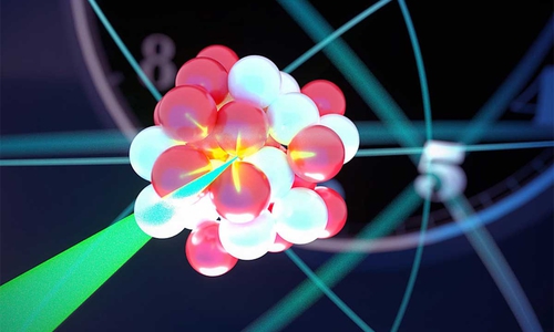 Künstlerische Darstellung der Laserabfrage eines hochgeladenen Uhren-Ions.