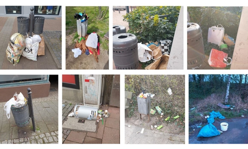 Beispiele von durch illegale Entsorgung überfüllten Mülleimern.