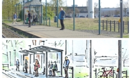 Durch die neue Bahnsteigmöblierung entstehen für die Fahrgäste ein höherer Komfort sowie ein deutlich attraktiveres Erscheinungsbild. Vorher-Nachher-Vergleich Haltestelle Hansestraße-Ost stadteinwärts.
