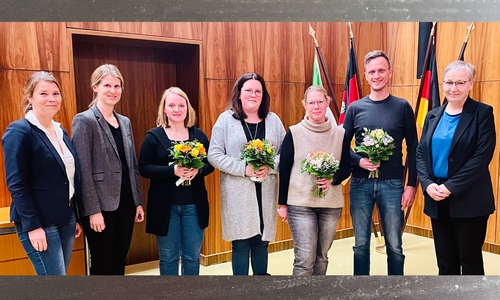 Von links: Sarah Berdien, Anke Moser (beide Geschäftsbereich Schule), Katharina Wismann, Jessica Wirth, Bettina Daft, Danny Klimsch und Iris Bothe. 