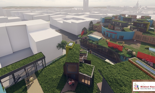 Vorne das Dach des geplanten Parkhauses, hinten die Veranstaltungshalle mit der Kita auf dem Dach.