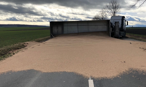 Der mit Weizen beladene LKW kippte kurz vor dem Ortseingang Semmenstedt auf die Seite.