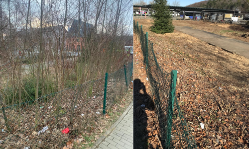 Vorher: Zugewuchert und voller Müll war das eingezäunte Areal am Bahnhof vor der Aktion des Betriebshofteams. Nachher: Die Sträucher sind gestutzt, der Müll beseitigt. Allerdings liegen bereits kurz nach der Reinigung wieder die ersten Taschentücher und anderer Müll hinter dem Zaun.