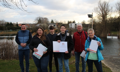 Ein Teil der Geehrten von links nach rechts: Andreas Werner, Wiebke Hoffmann, Nico Förster, Florian Carius, Joachim Schneider, Karin Heyer.
