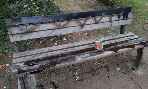 Zum zweiten Mal in diesem Jahr: Parkbank mit Farbe übergossen.