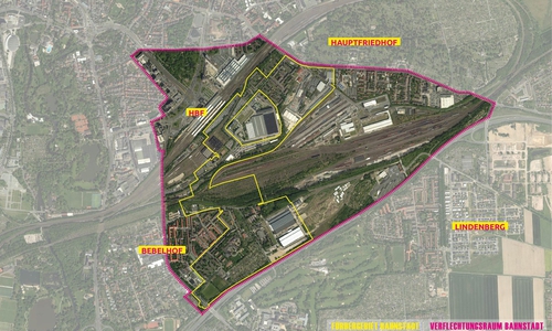 Darstellung des Fördergebiets Bahnstadt inklusive näherem Verflechtungsraum im Luftbild.