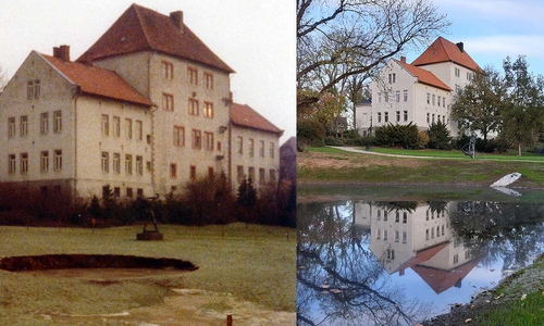 Bereits 1976 gab es einen Erdfall vor dem Amtsgericht (links). Dies wiederholte sich 2022 (rechts).