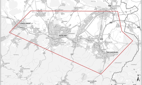 Das rot eingegrenzte Erlaubnisfeld „Nordharz" erstreckt sich von der Innerste bis an die Landesgrenze nach Sachsen-Anhalt, umfasst die Städte Goslar und Bad Harzburg, Teile Langelsheims und Vienenburgs sowie Bereiche des Naturparks Harz.