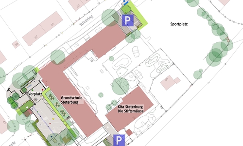 Nach der Neugestaltung lädt der Vorplatz zum Verweilen und Spielen ein.