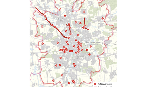 Karte der Tiefbauprojekte 2023 in Braunschweig.