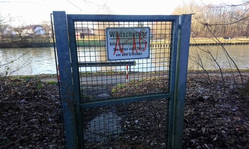 Das Schild ist mittlerweile beschmiert. Im Hintergrund sieht man den Kanal - er wird vielen Tieren zum Verhängnis.