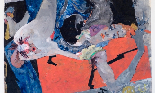 Horst Janssen, ohne Titel (Das erste Mädchen für Bro), 1987, Gouache und Tusche.