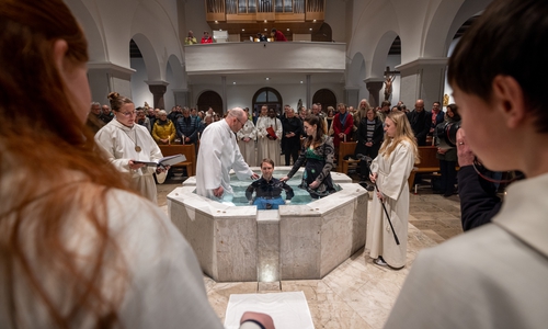 Im Namen des Vaters, des Sohnes und des Heiligen Geistes wurde Jannik Herold bei seiner Taufe im Taufbrunnen der Kirche St. Petrus in Wolfenbüttel von Pfarrer Matthias Eggers dreimal untergetaucht. Mit im Wasser seine Taufpatin Josephine Schmitz.