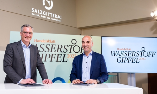 Auf dem Handelsblatt-Wasserstoffgipfel unterzeichneten (v. l.) Gunnar Groebler (Salzgitter AG) und Stefan Dohler (EWE) eine Absichtserklärung in Sachen Wasserstoff zu kooperieren.