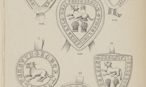 Eine Auswahl unterschiedlicher Siegel der Adelsfamilie Wolfenbüttel-Asseburg. Sie alle bilden einen Wolf als zentrales Element ab.