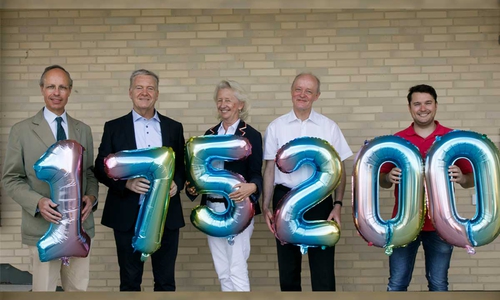 Vier Präsidenten und eine Präsidentin zeigen ihr finanzielles Engagement. v.l.: Daniel Bresser (RC Braunschweig), Andreas Haase (BS-Hanse), Maresa Wischenbart-Backhaus (BS-Heinrich der Löwe), Wilfried Bautsch (RC-Richmond, Frederic Heise (Rotaract BS/WOB)