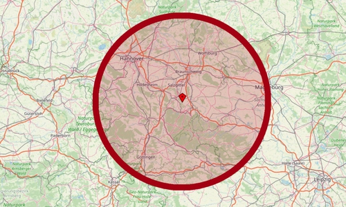 Die Karte von Openstreetmap zeigt den Radius von 80 Kilometern, der für die Suche von Bedeutung ist. 