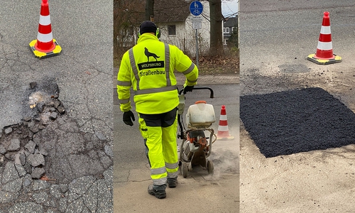 Der durch Frost beschädigte Straßenbelag wird entfernt und durch ein Kaltmischgut ersetzt.