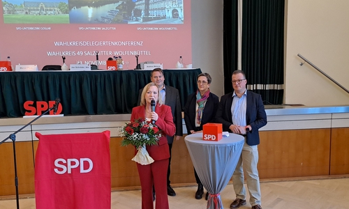 Dunja Kreiser, Marcel Plein, Andrea Melone, Jan Schröder auf der Wahlkreisdelegiertenkonferenz der SPD am Samstag. 