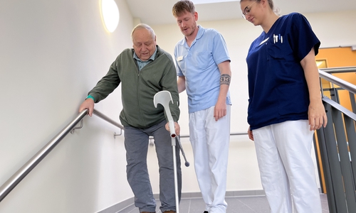  Physiotherapeutische Übung eines Patienten an der Treppe. 