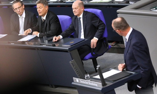 Jörg Kukies, Robert Habeck, Olaf Scholz und Friedrich Merz am 16.12.2024