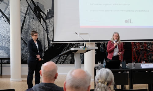Lisa Bohm (links) und Julia Maulhardt stellen das Elektromobilitäts- und Lieferkonzept im Großen Sitzungsaal des Goslarer Kreishauses vor.