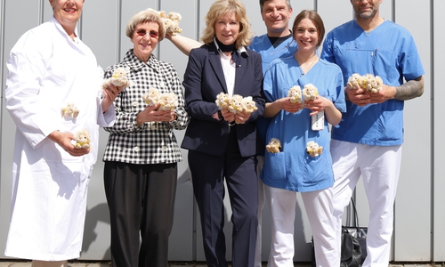 Dr. Bernadett Erdmann, Chefärztin der ZNA, Dr. Ursula Partzsch-Asamoah, Vorsitzende des Klinikumsausschusses, Claudia Kayser, Direktionsleiterin Wolfsburg der Volksbank BRAWO sowie Mitarbeitende der ZNA im Klinikum Wolfsburg (re. Nico Senitz, Pflegerische Leitung der ZNA).